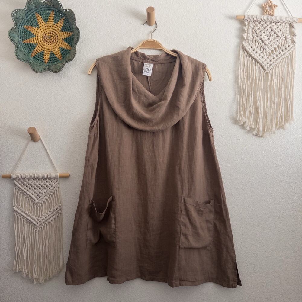 Match Point 100% Linen Brown Swing Cowl Neck Dress Size Large USA